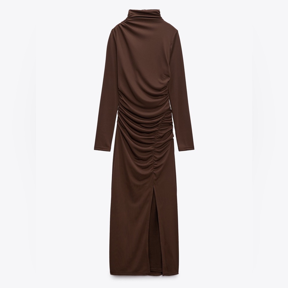 ZARA GATHERED MIDI DRESS BROWN NWT